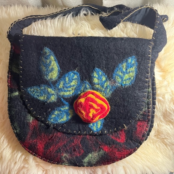 Ethnic Nepal Felted 100% Wool Floral Large Bag Tote - Picture 4 of 9